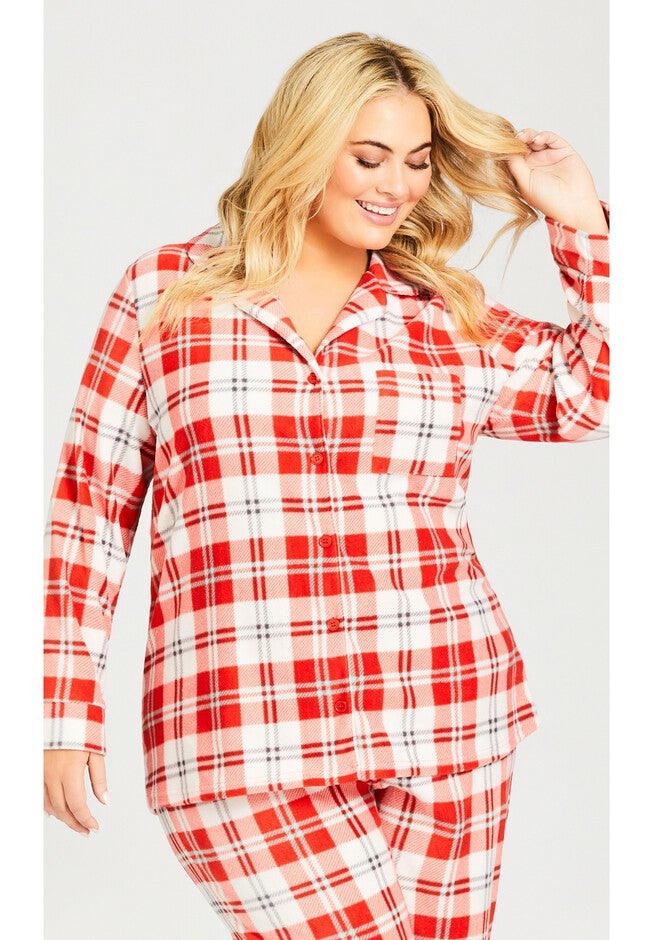 Button Check Fleece Sleep Top, RED CHECK, hi-res image number 0