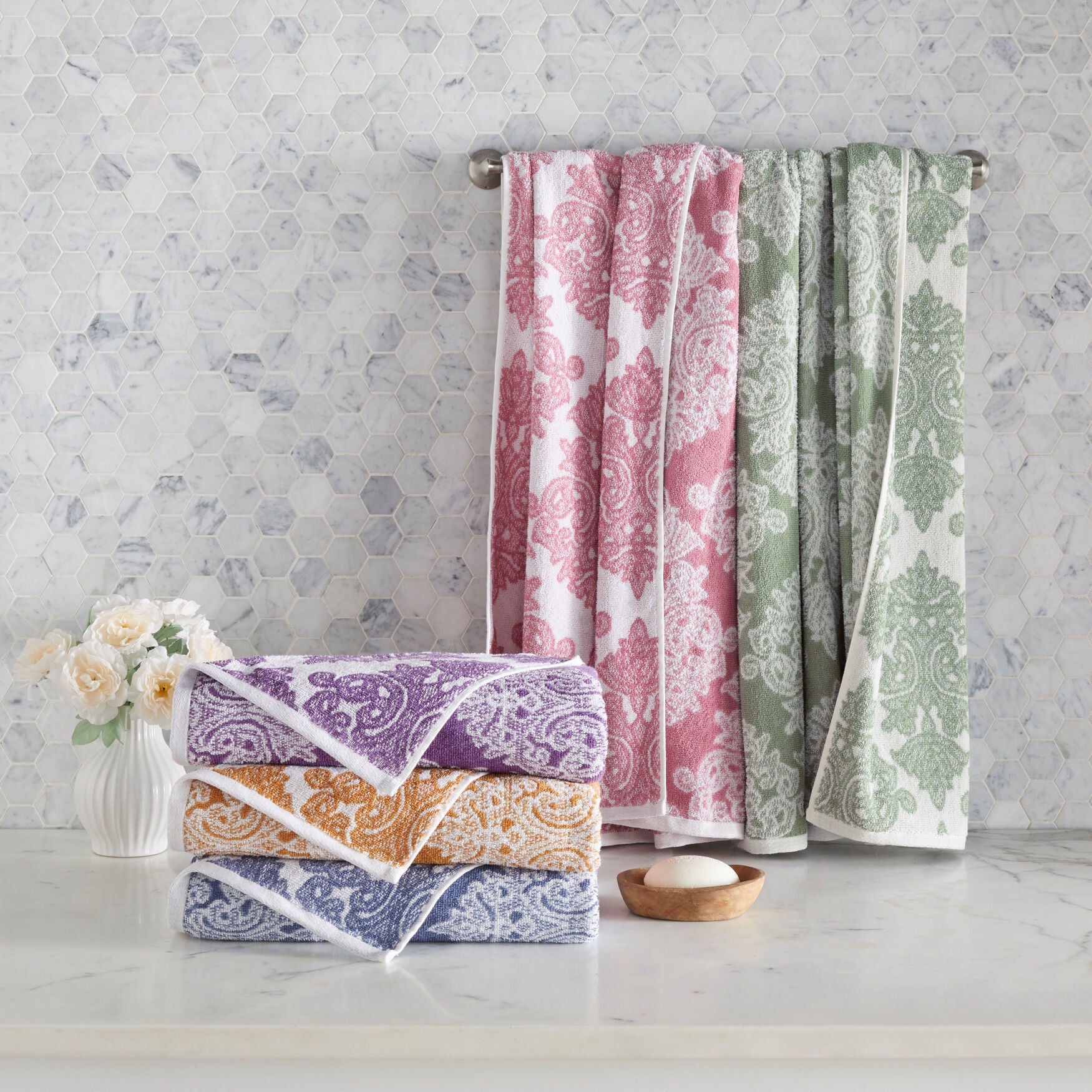 6-Piece Damask Towel Set, , on-hover image number 1