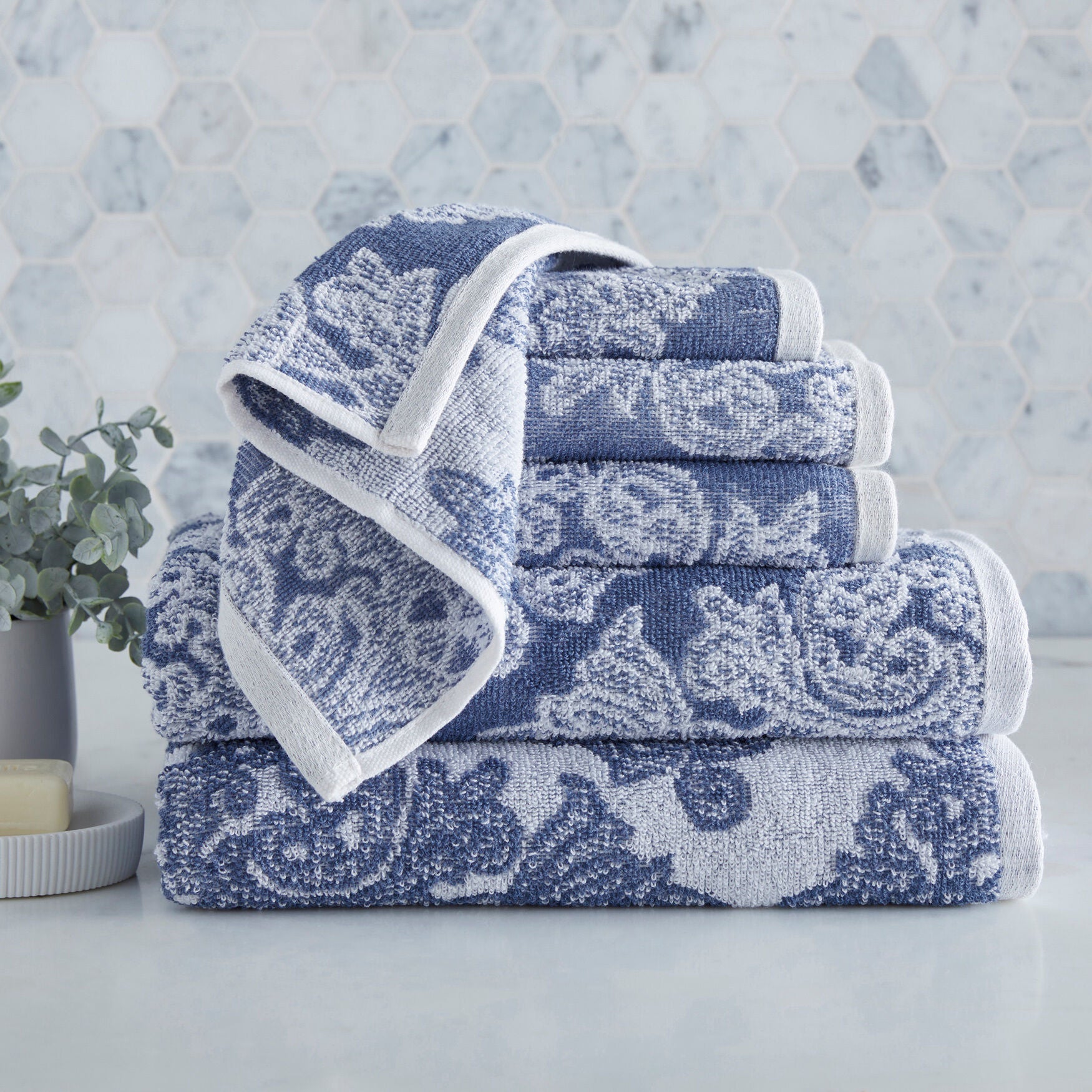 6-Piece Damask Towel Set, ASHLEY BLUE, hi-res image number 0