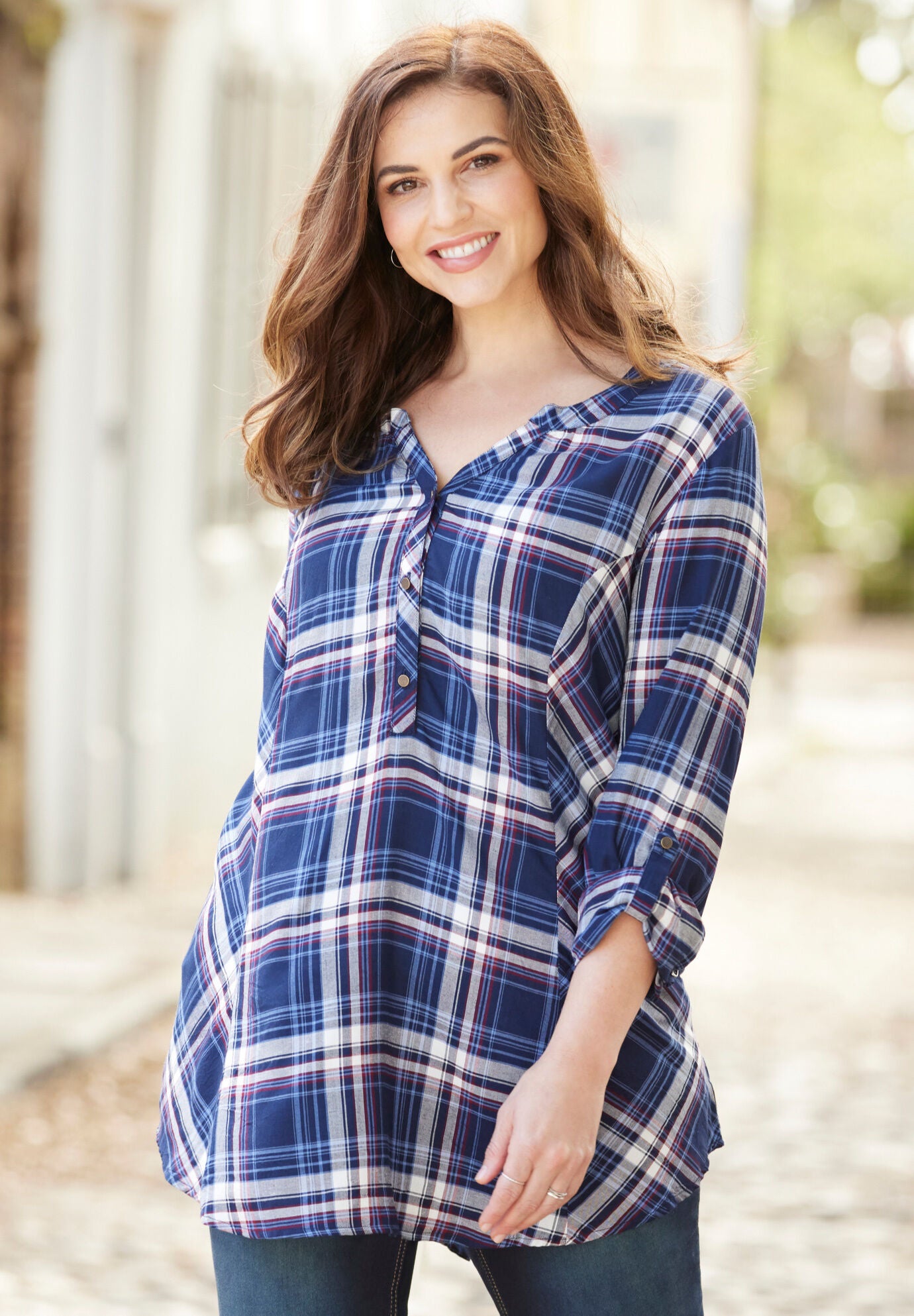 Perfect Plaid Swing Shirt, NAVY PLAID, hi-res image number 0