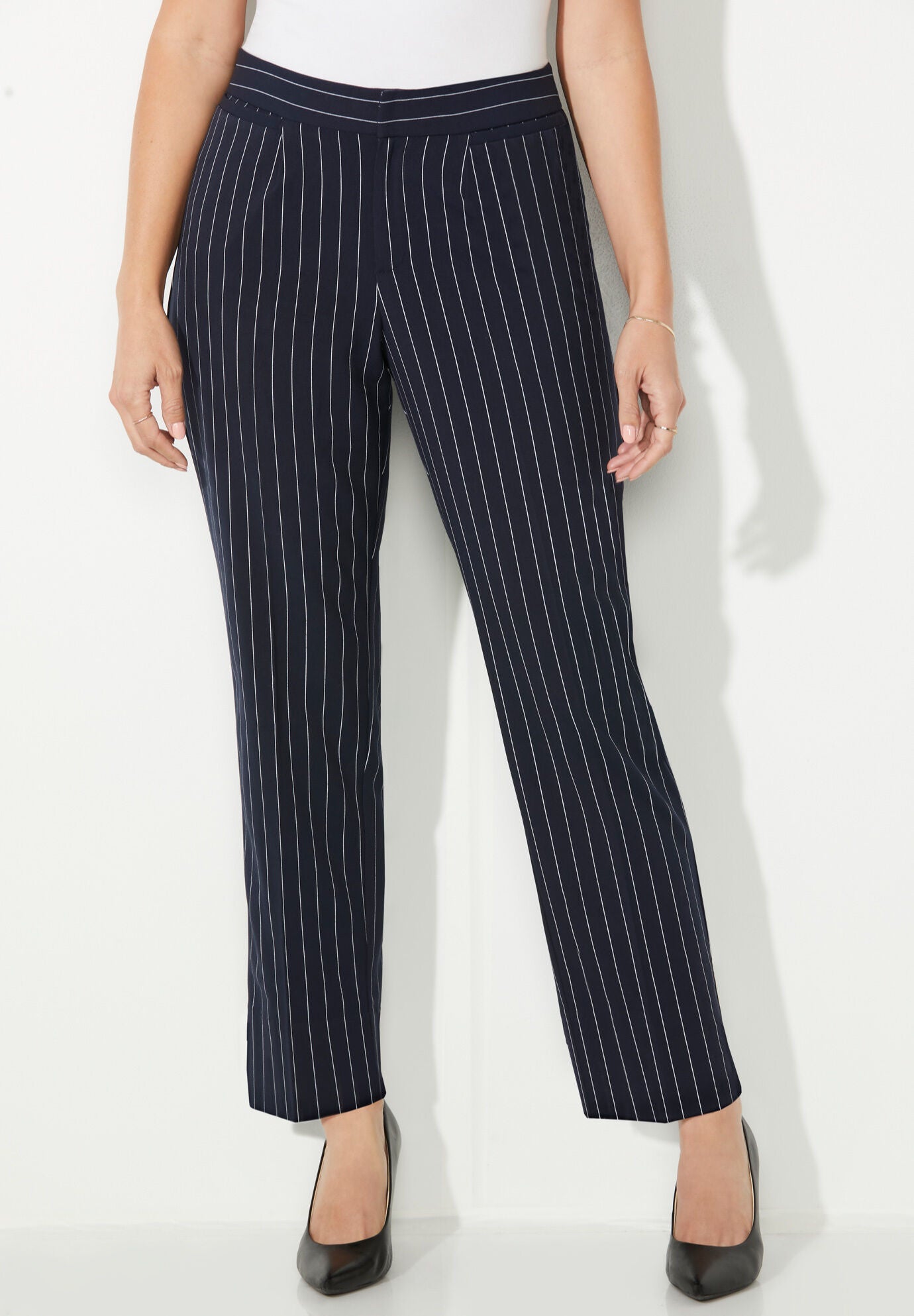 Right Fit&reg; Moderately Curvy Slim Leg Pant, MIDNIGHT WHITE PINSTRIPE, hi-res image number 0