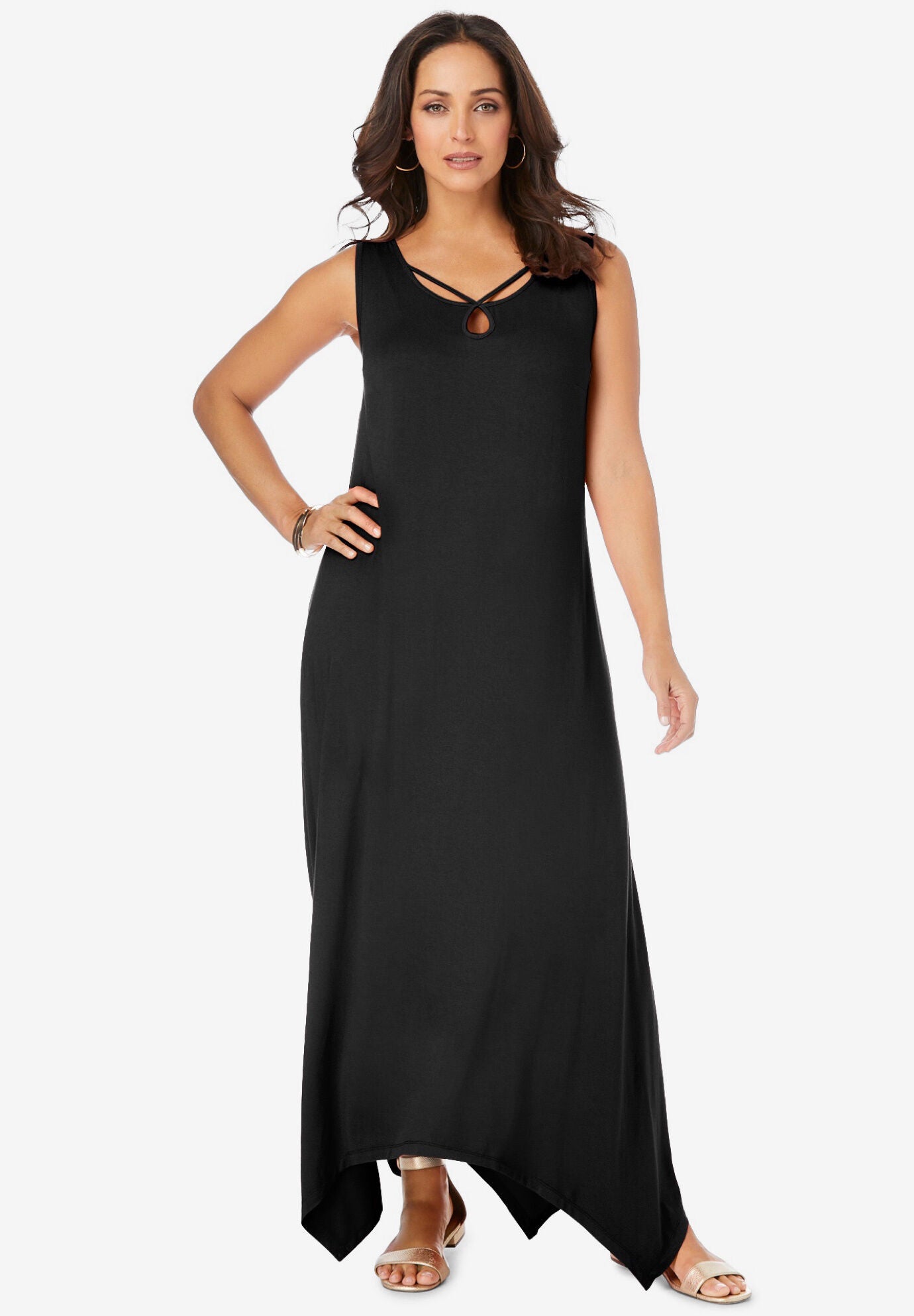 Stretch Knit Hanky Hem Maxi Dress, BLACK, hi-res image number 0