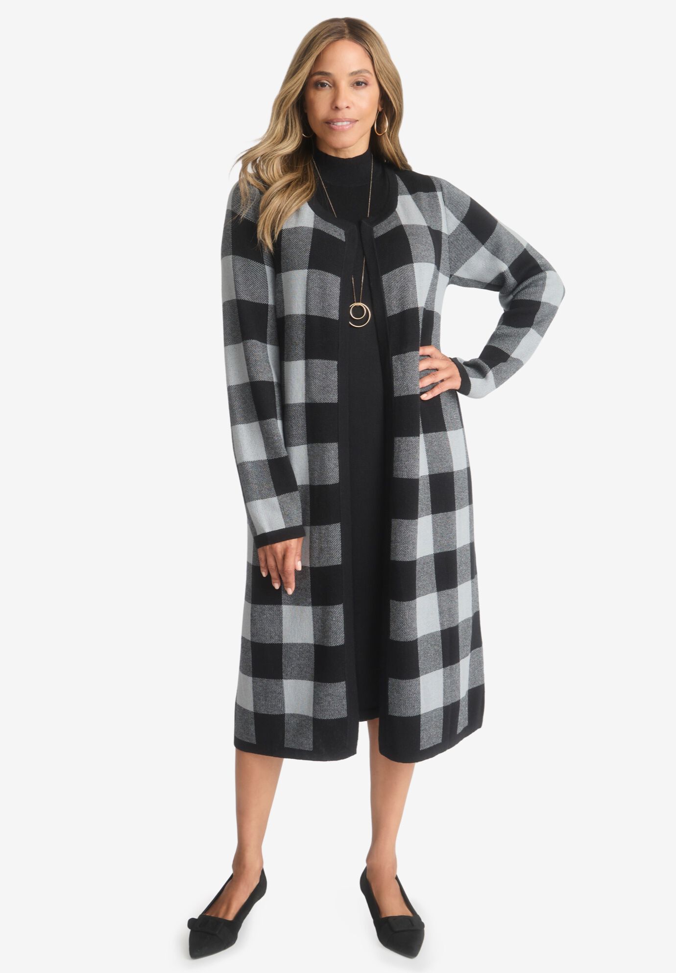2-Piece Sweater Jacket Dress, GUNMETAL MEGA GINGHAM, hi-res image number 0