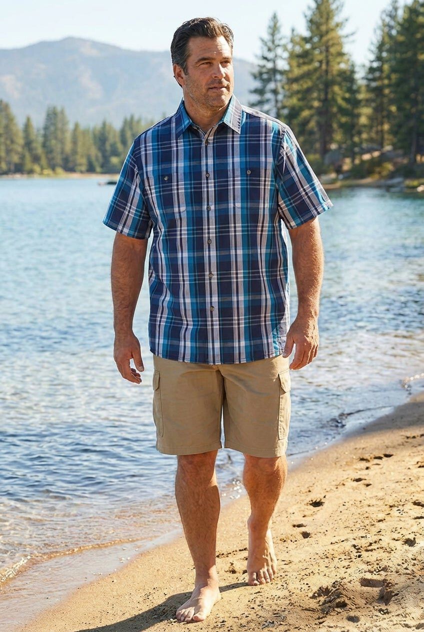 Plaid Wrinkle-Resistant Short Sleeve Button Down, CLASSIC TEAL PLAID, hi-res image number 0