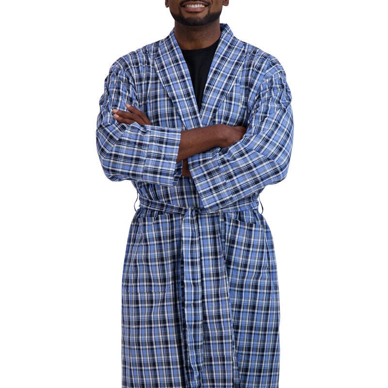 Shawl Collar Robe, BLUE PLAID, alternate image number 2