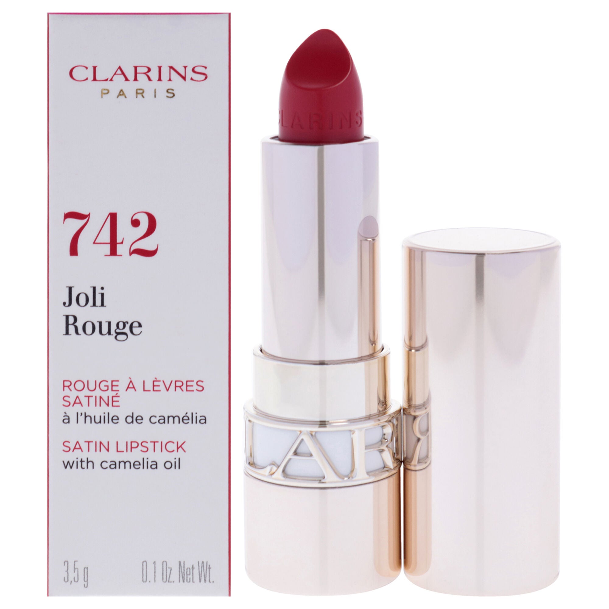 Joli Rouge Satin Lipstick - 742 Joli Rouge by Clarins for Women - 0.1 oz Lipstick, Red, hi-res image number 0
