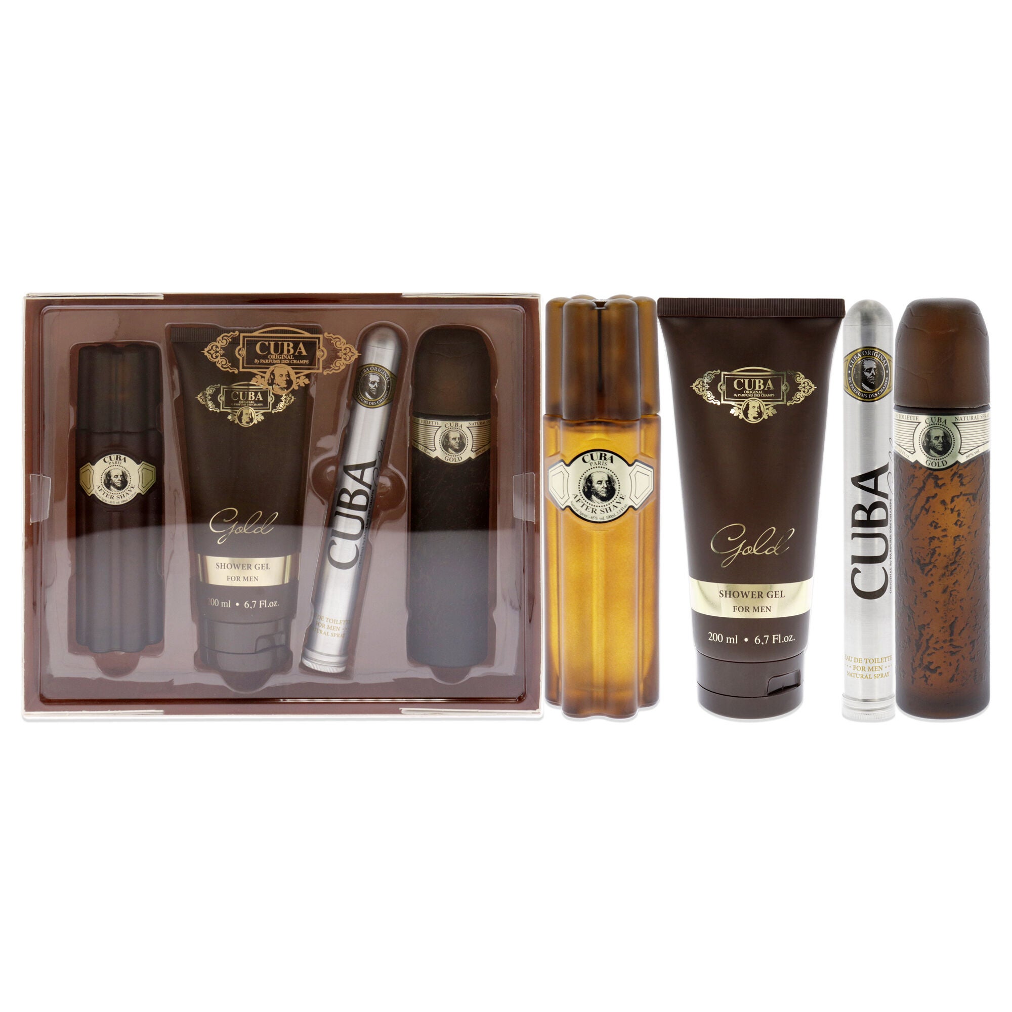 Cuba Gold by Cuba for Men - 4 Pc Gift Set 3.3oz EDT Spray, 1.17oz EDT Spray, 3.3oz After Shave, 6.7oz Shower Gel, See Description, hi-res image number 0