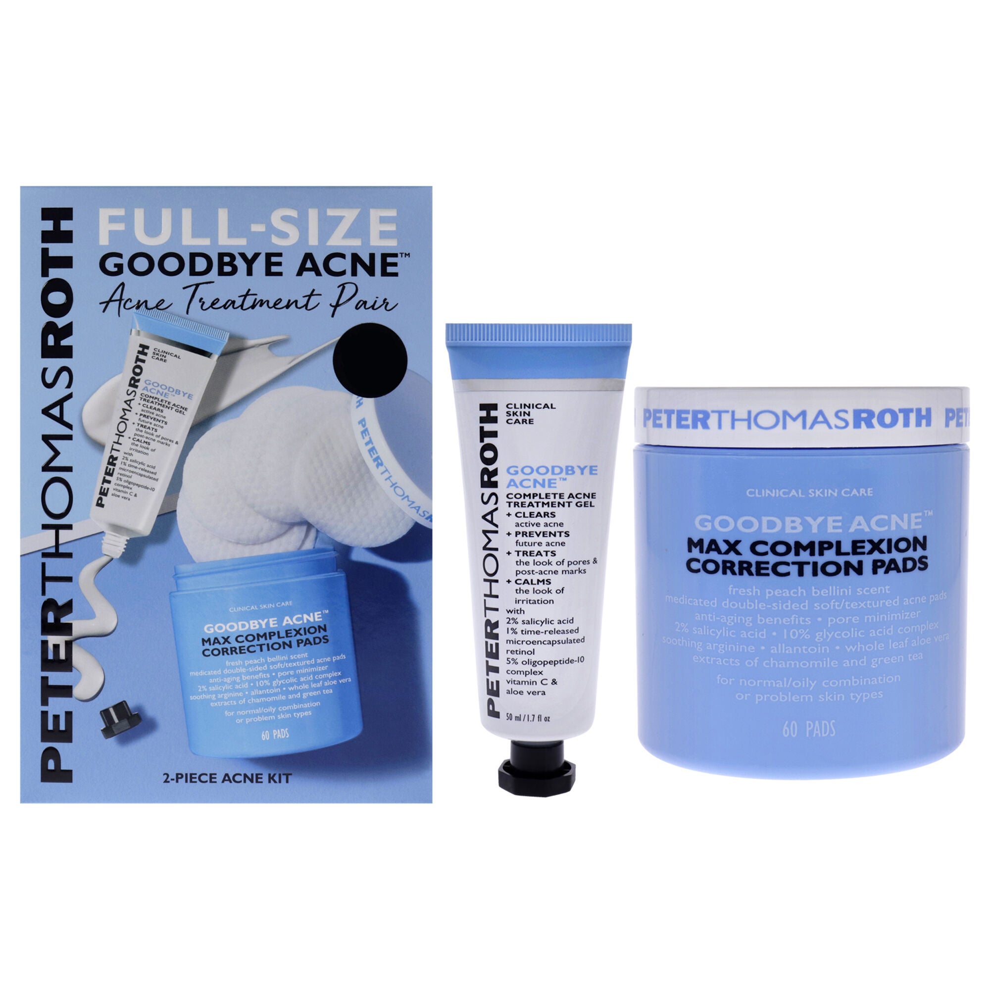 Goodbye Acne Treatment Pair by Peter Thomas Roth for Women - 2 Pc 1.7oz Complete Acne Treatment Gel, 60 Max Complexion Correction Pads, See Description, hi-res image number 0