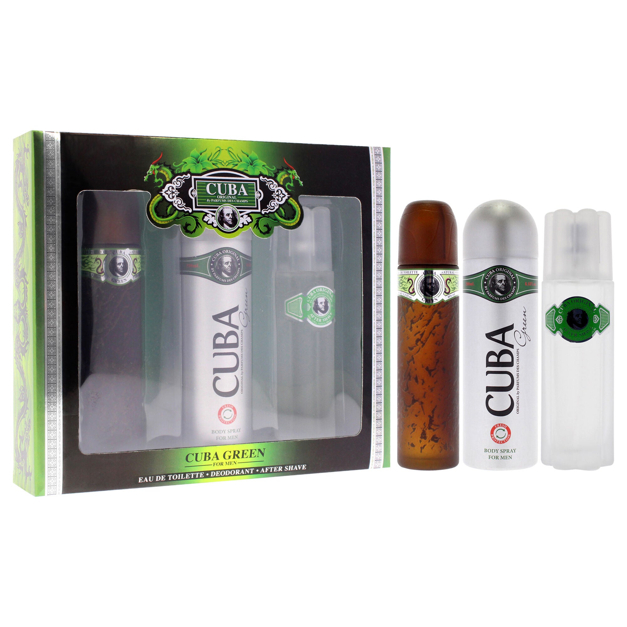 Cuba Green by Cuba for Men - 3 Pc Gift Set 3.3oz EDT Spray, 6.7oz Body Spray, 3.3oz After Shave, See Description, alternate image number 2