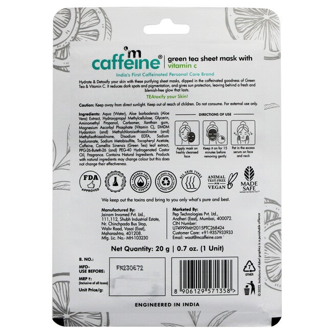 Green Tea Sheet Mask with Vitamin C by mCaffeine for Unisex - 0.7 oz Mask, See Description, alternate image number 1
