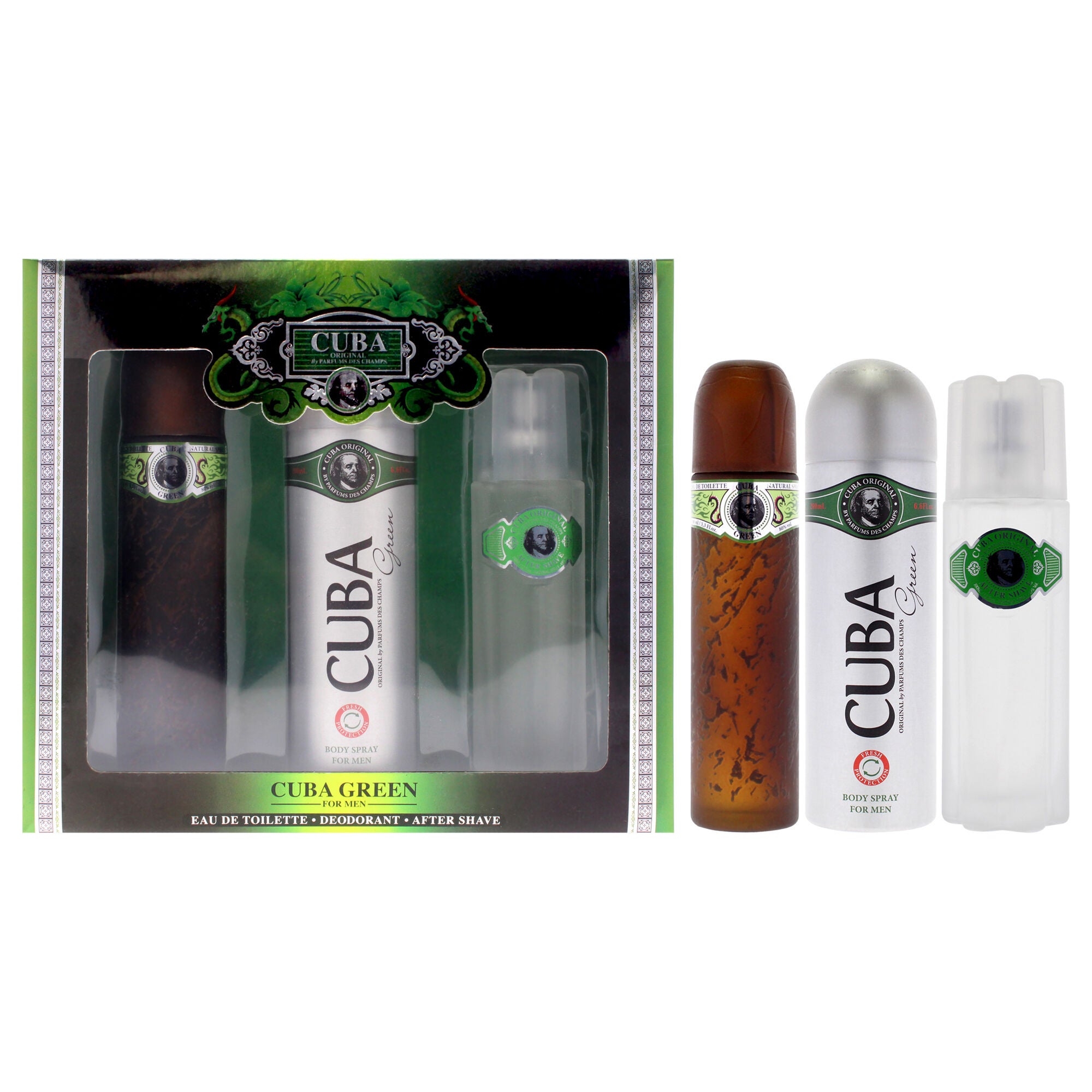 Cuba Green by Cuba for Men - 3 Pc Gift Set 3.3oz EDT Spray, 6.7oz Body Spray, 3.3oz After Shave, See Description, hi-res image number 0
