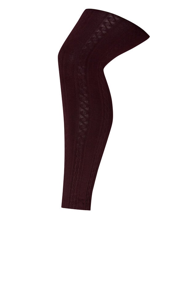 Plush Lined Cable Knit Footless Leggings - burgundy, Red, hi-res image number null