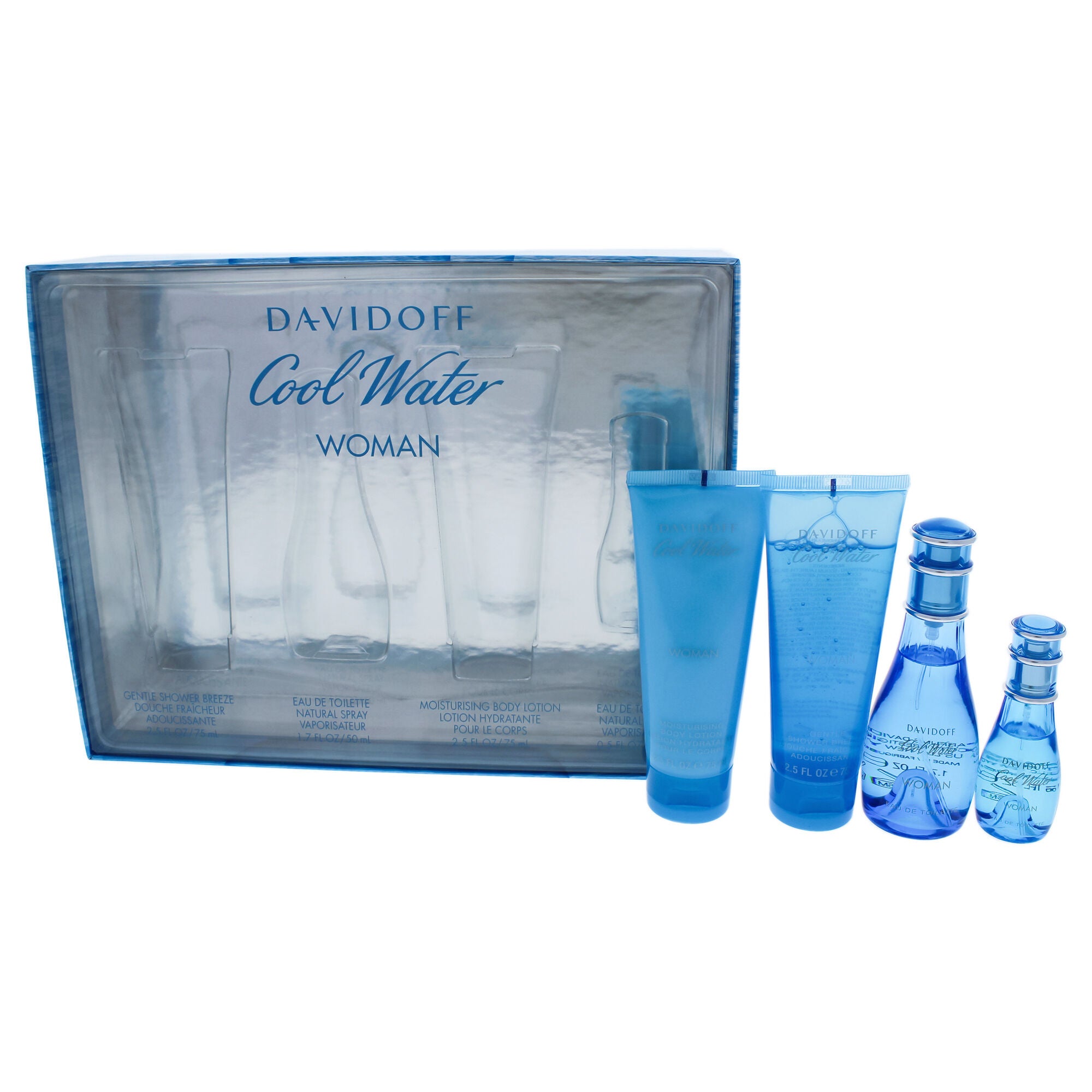 Cool Water by Davidoff for Women - 4 Pc Gift Set 1.7oz EDT Spray, 2.5oz Gentle Shower Breeze, 2.5oz Moisturizing Body Lotion, 0.5oz EDT Spray, See Description, hi-res image number 0