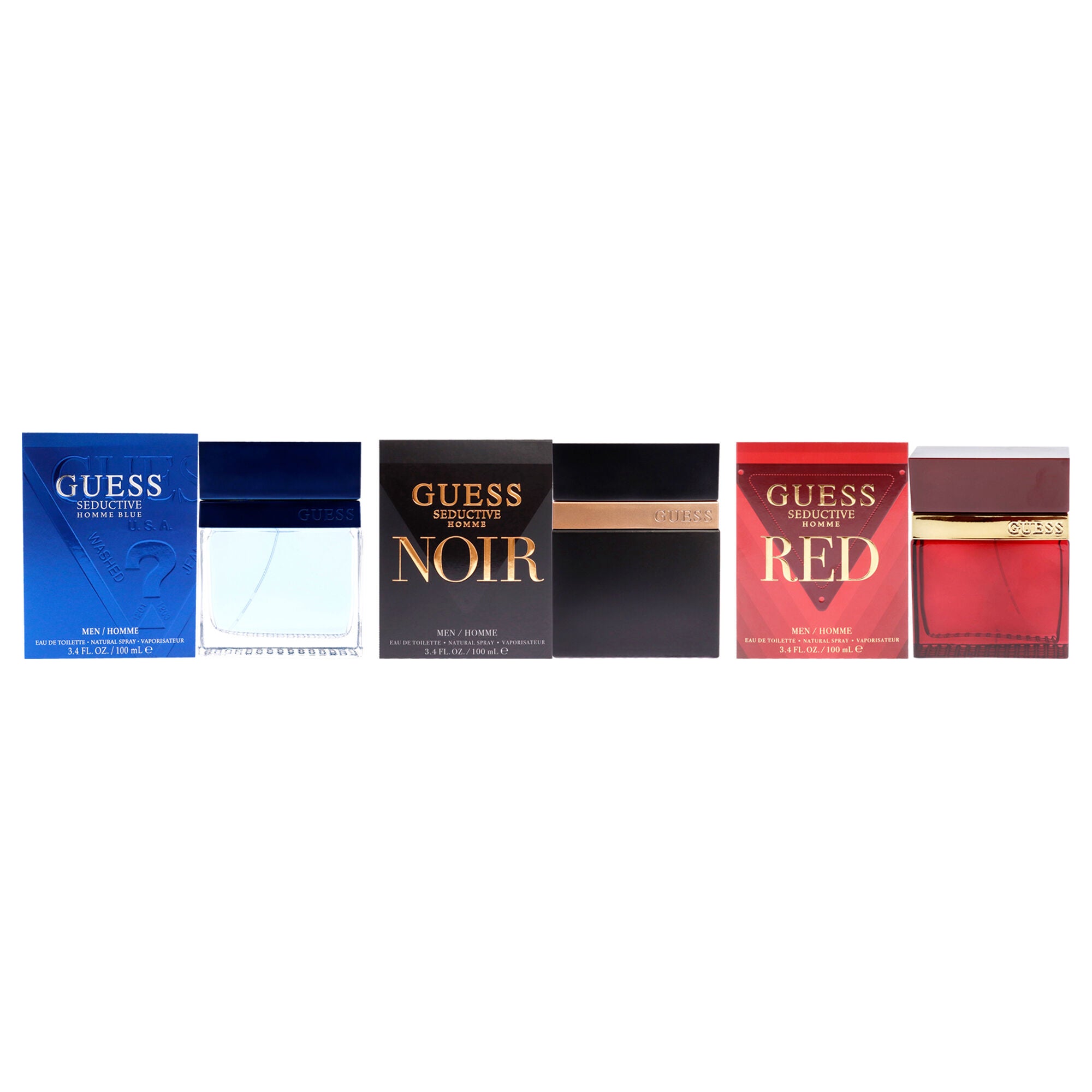 Guess Seductive Kit by Guess for Men - 3 Pc Kit 3.4 oz Seductive Homme Blue EDT Spray, 3.4oz Guess Seductive Homme Noir, 3.4 oz Seductive Red EDT Spray, Clear, hi-res image number 0
