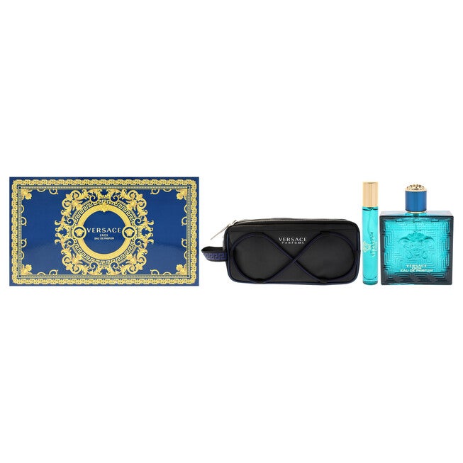 Versace Eros by Versace for Men - 3 Pc Gift Set - 3.4oz EDP Spray, 0.3oz EDP Spray, Pouch, See Description, hi-res image number null