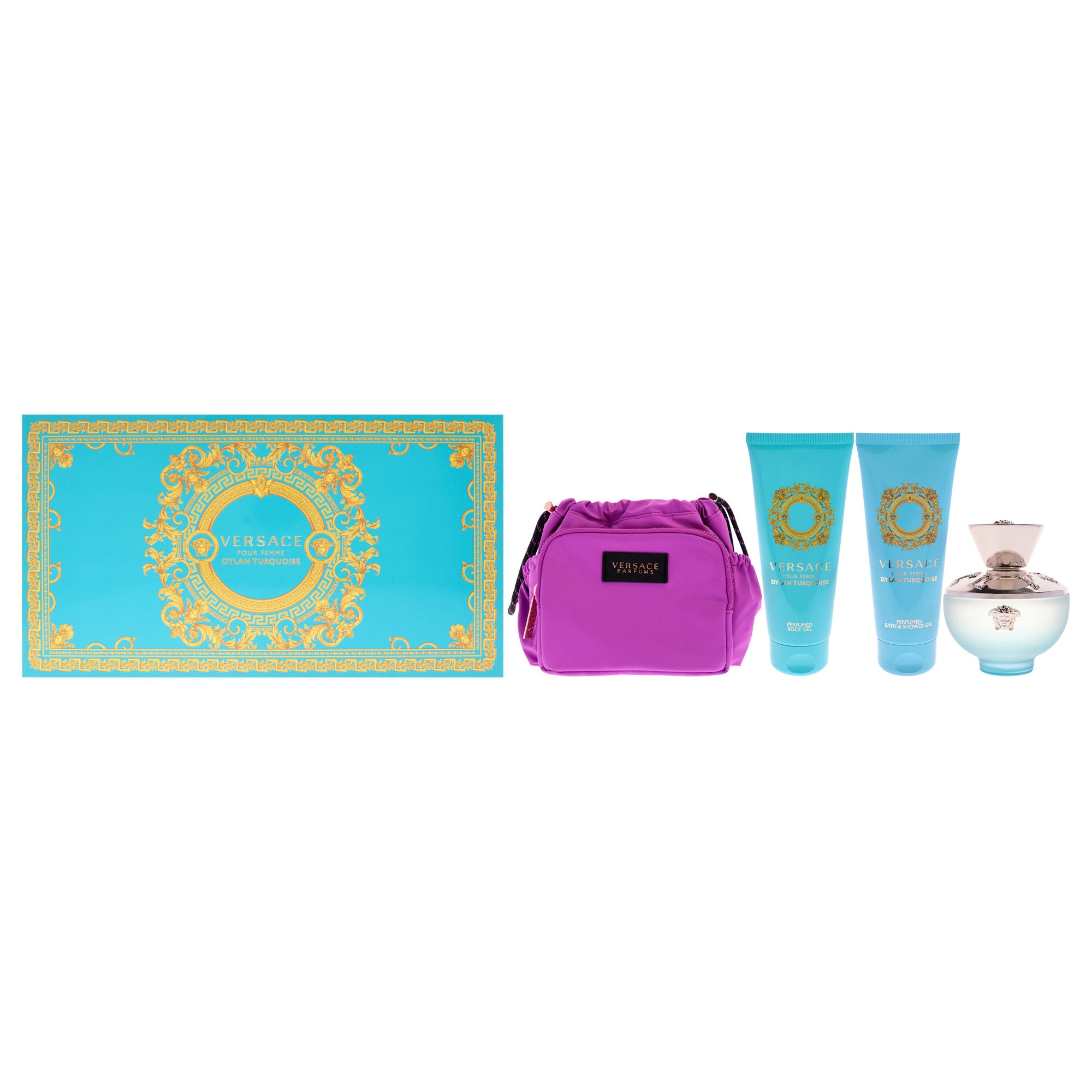 Dylan Turquoise Pour Femme by Versace for Women - 4 Pc Gift Set 3.4oz EDT Spray, 3.4oz Perfumed Body Gel, 3.4oz Perfumed Bath and Shower Gel, Pouch, See Description, hi-res image number 0