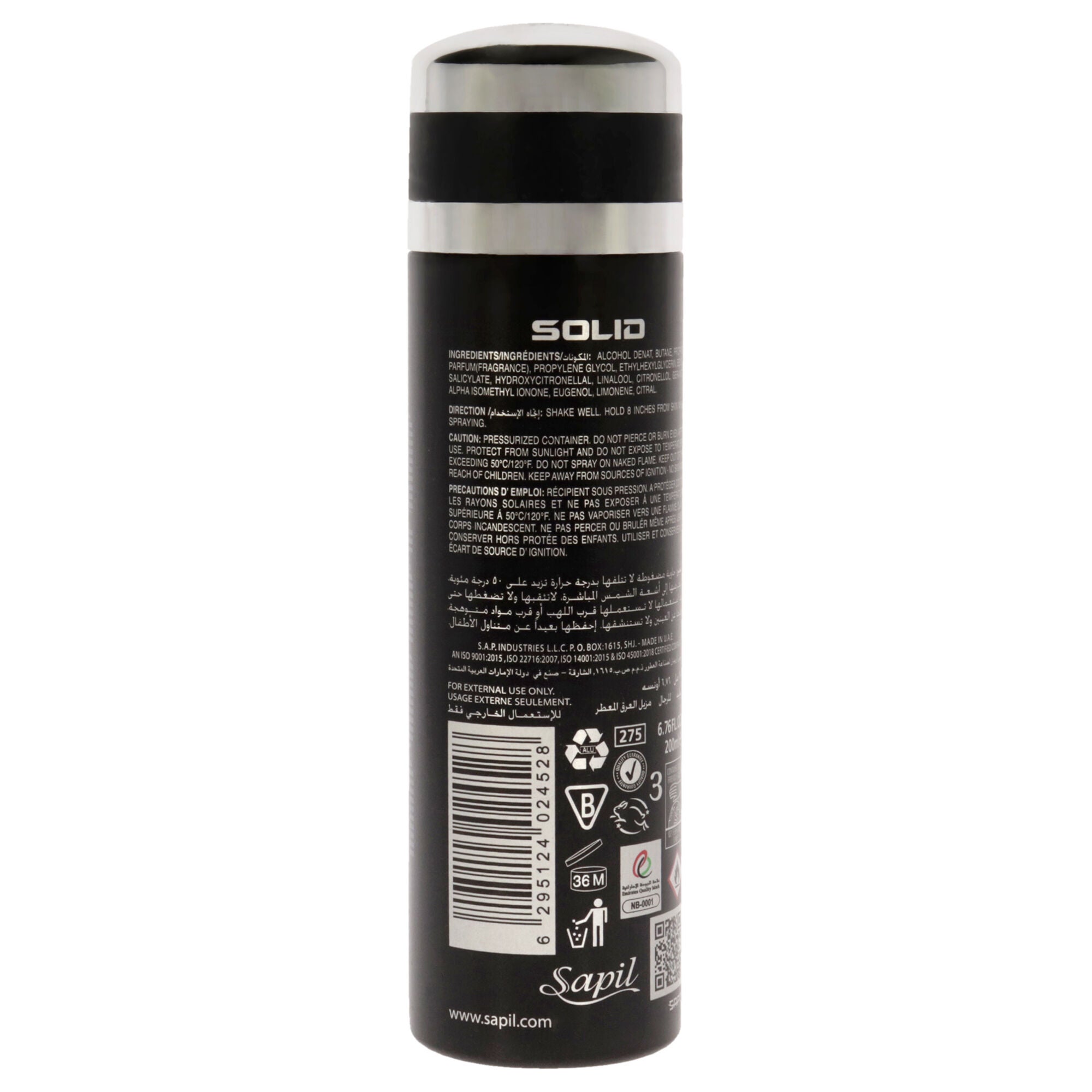 Solid Black by Sapil for Men - 6.76 oz Deodorant Spray, See Description, alternate image number 1
