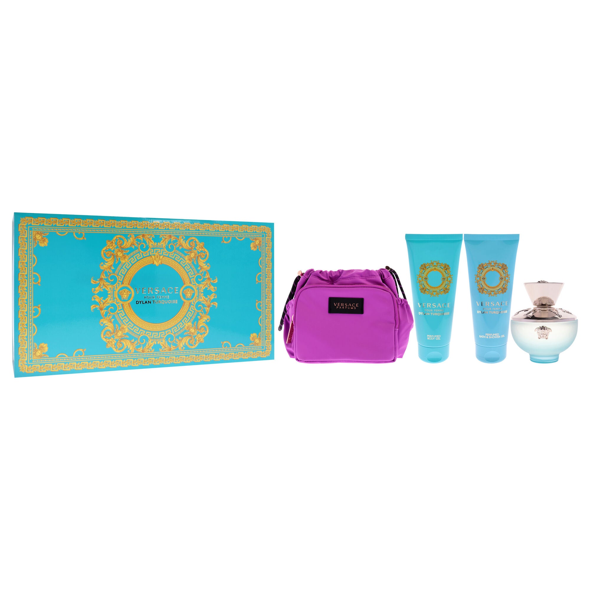 Dylan Turquoise Pour Femme by Versace for Women - 4 Pc Gift Set 3.4oz EDT Spray, 3.4oz Perfumed Body Gel, 3.4oz Perfumed Bath and Shower Gel, Pouch, See Description, alternate image number 1