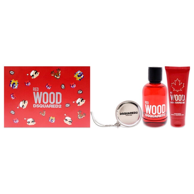 Red Wood by Dsquared2 for Women - 3 Pc Gift Set 3.4oz EDT Spray, 3.4oz Perfumed Bath and Shower Gel, Silver Round Purse, Clear, hi-res image number 0