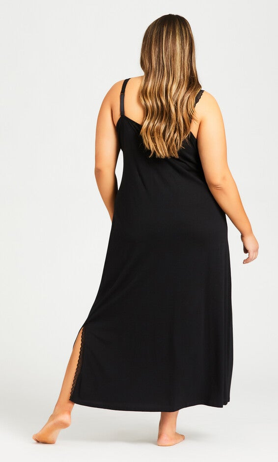 Lace Trim Maxi Sleep Dress - black, , alternate image number 1