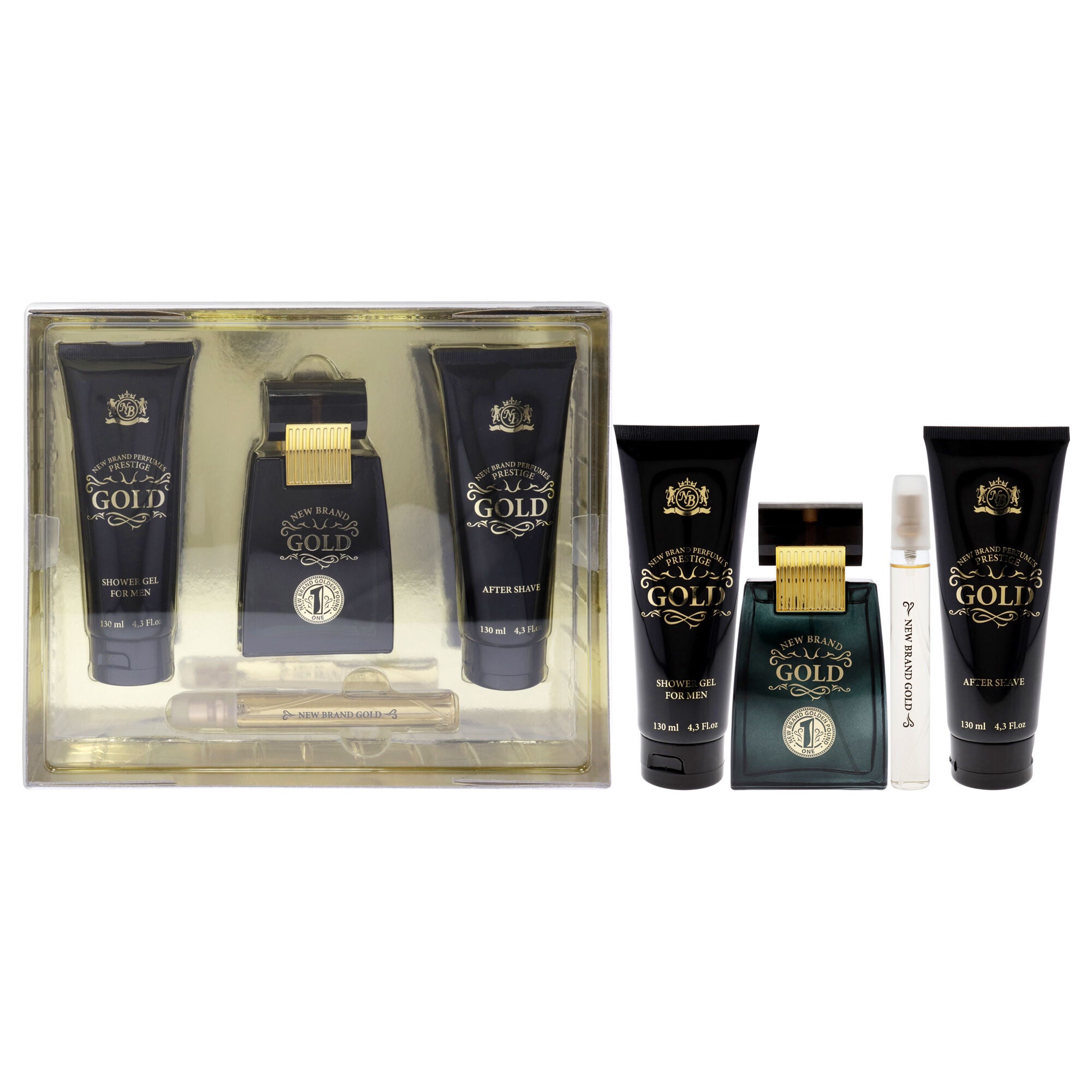 Gold by New Brand for Men - 3 Pc Gift Set 3.3oz EDT Spray, 0.5oz EDT Spray, 4.3oz Shower Gel, 4.3oz After Shave, See Description, hi-res image number 0