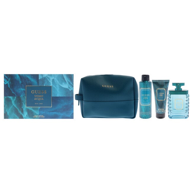 Guess Uomo Acqua by Guess for Men - 4 Pc Gift Set 3.4oz EDT Spray, 6oz Deodorizing Body Spray, 3.4oz Shower Gel, Pouch, See Description, hi-res image number 0