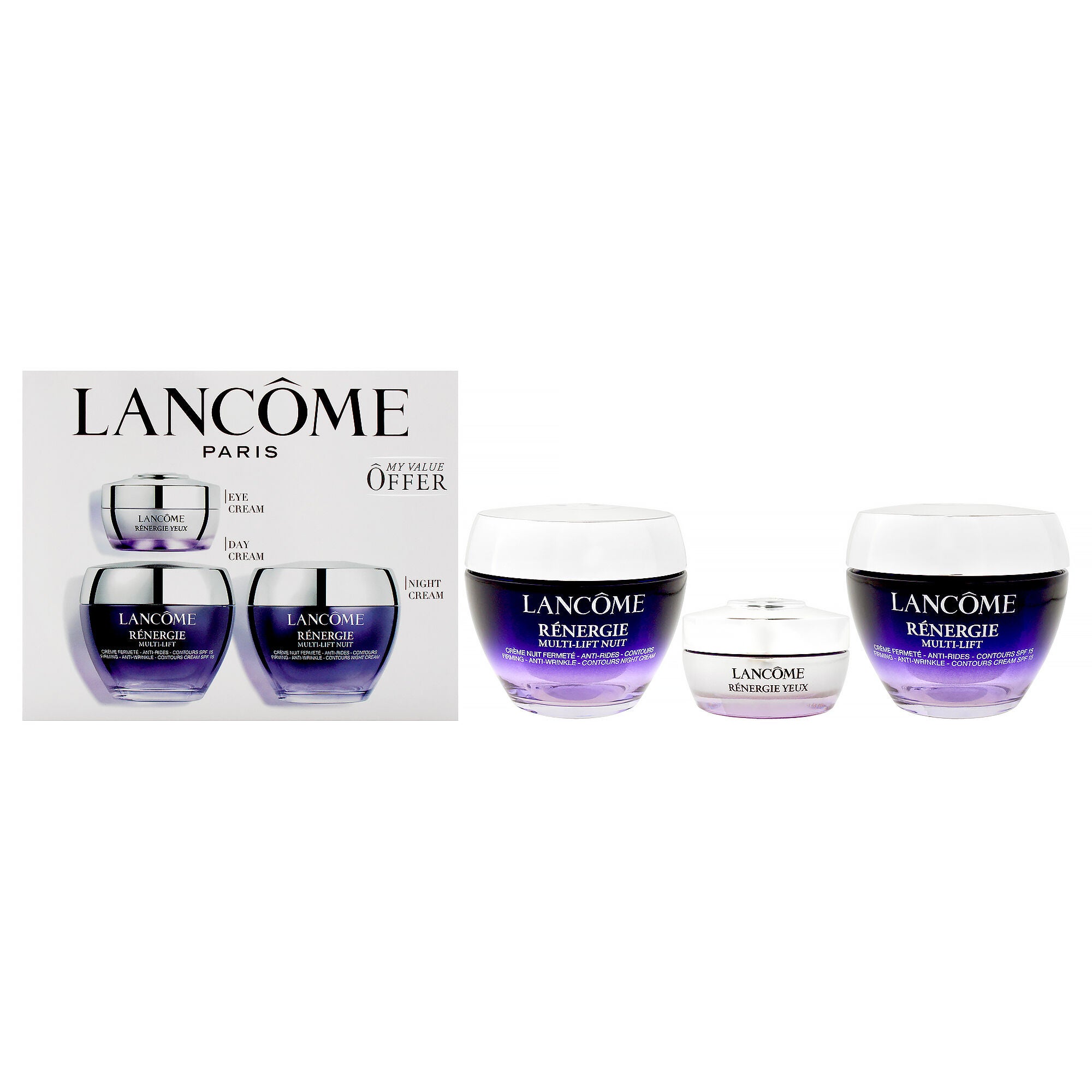Renergie Set by Lancome for Women- 3 Pc 1.7oz Firming Anti-Wrinkle Cream SPF15, 1.7oz Firming Anti-Wrinkle Night Cream, 0.5oz Lifting Filler Eye Cream, See Description, hi-res image number 0
