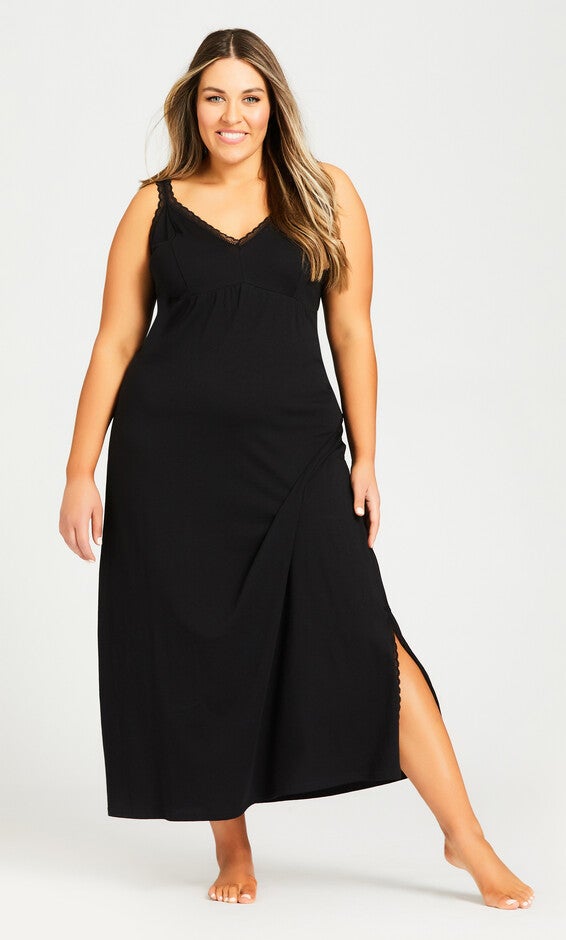 Lace Trim Maxi Sleep Dress - black, Black, hi-res image number 0