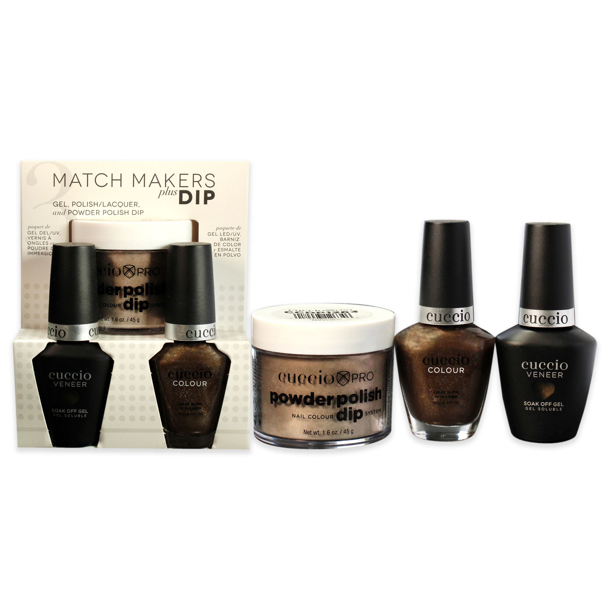 Match Makers Plus Dip - Nature Nature by Cuccio Colour for Women - 3 Pc 1.6oz Pro Powder Polish Dip System, 0.44oz Veneer Soak Off Gel, 0.43oz Colour Nail Polish, Brown, hi-res image number 0