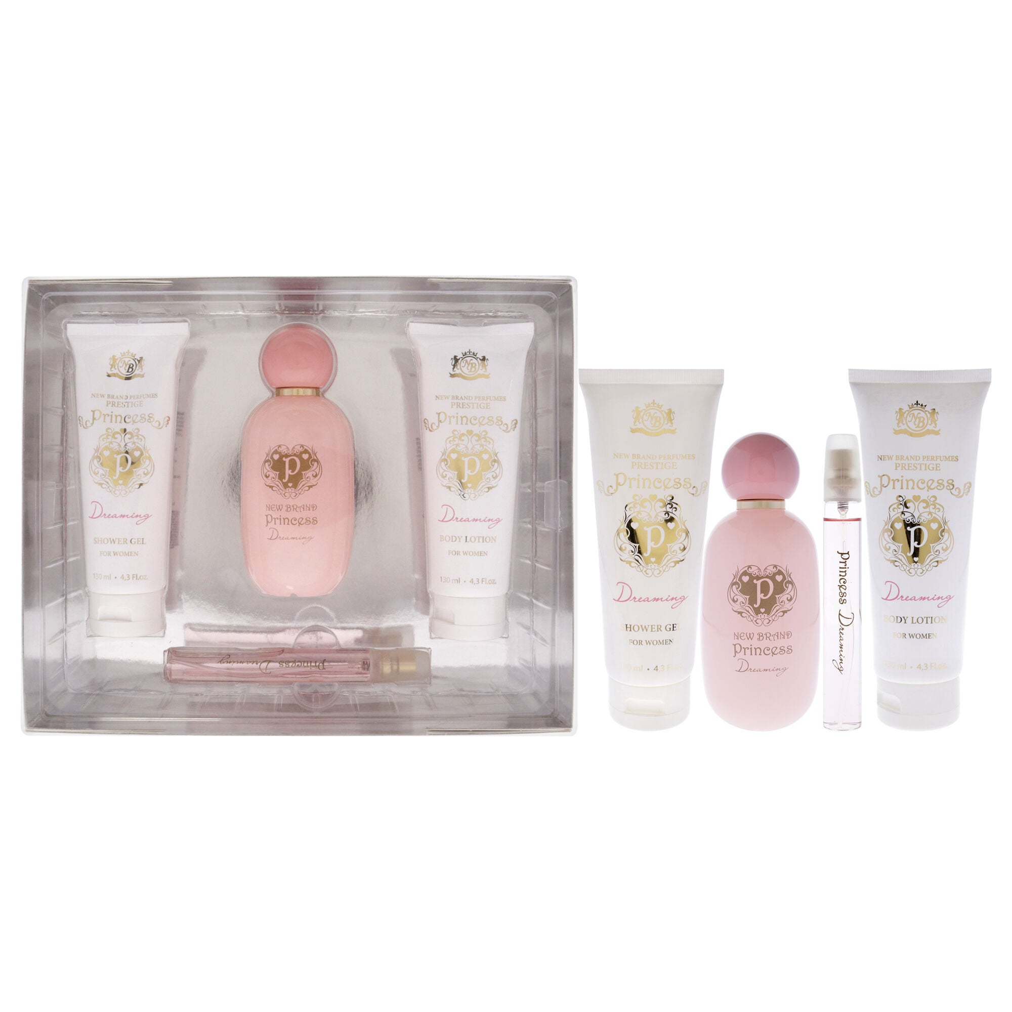 Prestige Princess Dreaming by New Brand for Women - 4 Pc Gift Set 3.3oz EDP Spray, 0.5oz EDP Spray, 4.3oz Shower Gel, 4.3oz Body Lotion, Clear, hi-res image number 0