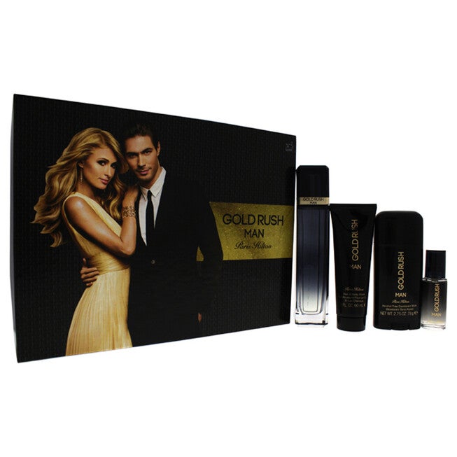 Gold Rush Man by Paris Hilton for Men - 4 Pc Gift Set 3.4oz EDT Spray, 0.5oz EDT Spray, 3.0oz Hair Body Wash, 2.75oz Alcohol Free Deodorant Stick, NA, hi-res image number null