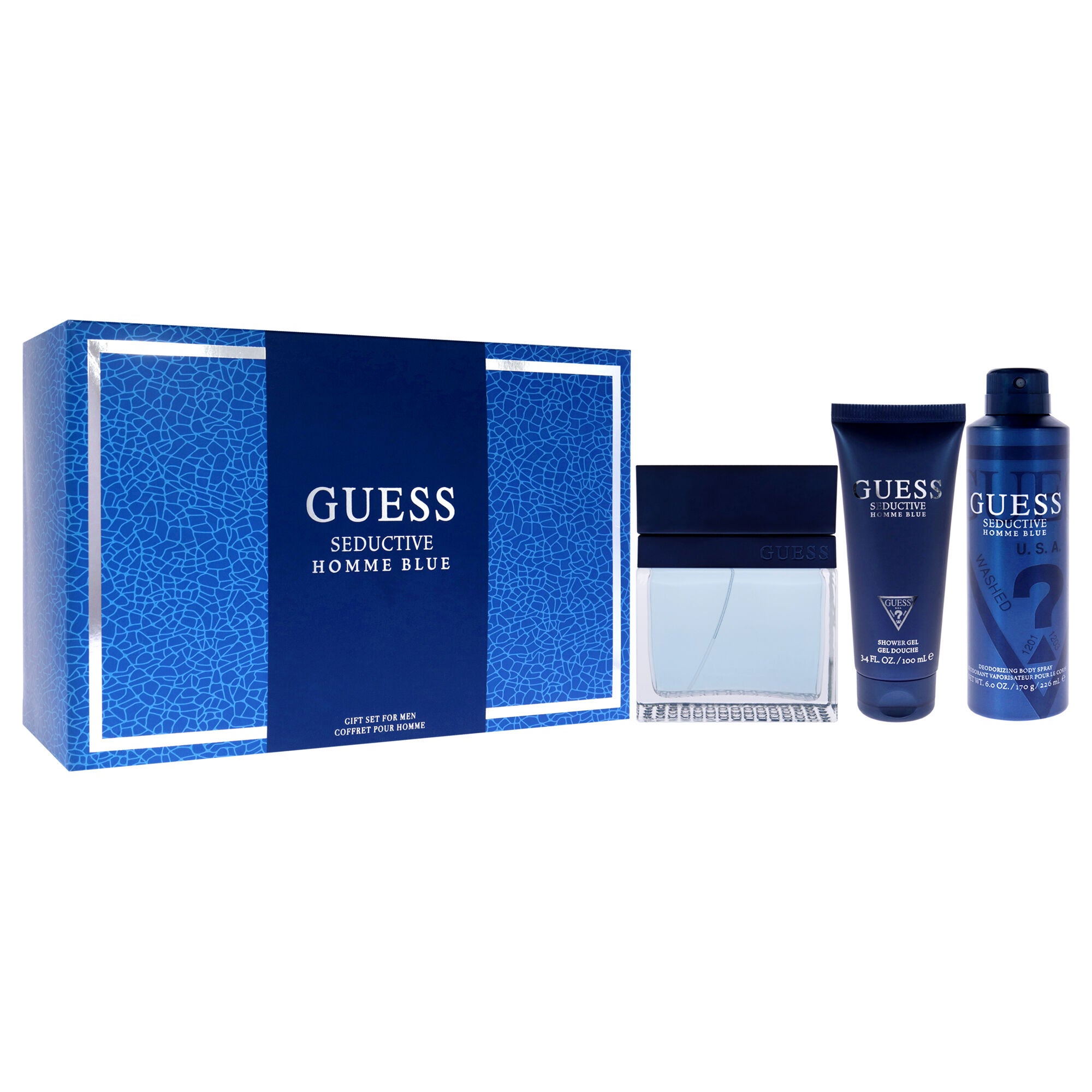 Seductive Homme Blue by Guess for Men - 4 Pc Gift Set 3.4oz EDT Spray, 6oz Deodorant Body Spray, 3.4oz Shower Gel, Pouch, See Description, alternate image number 2