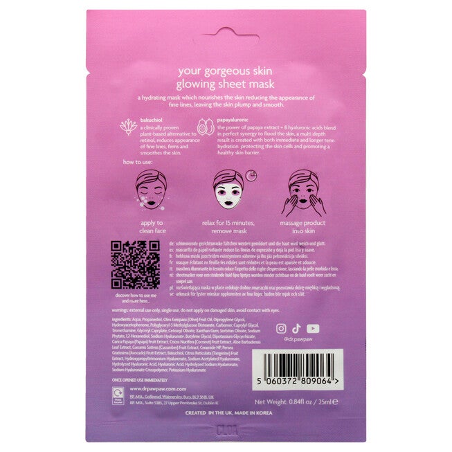 Your Gorgeous Skin Glowing Sheet Mask by Dr. PawPaw for Unisex - 0.84 oz Mask, See Description, alternate image number 1