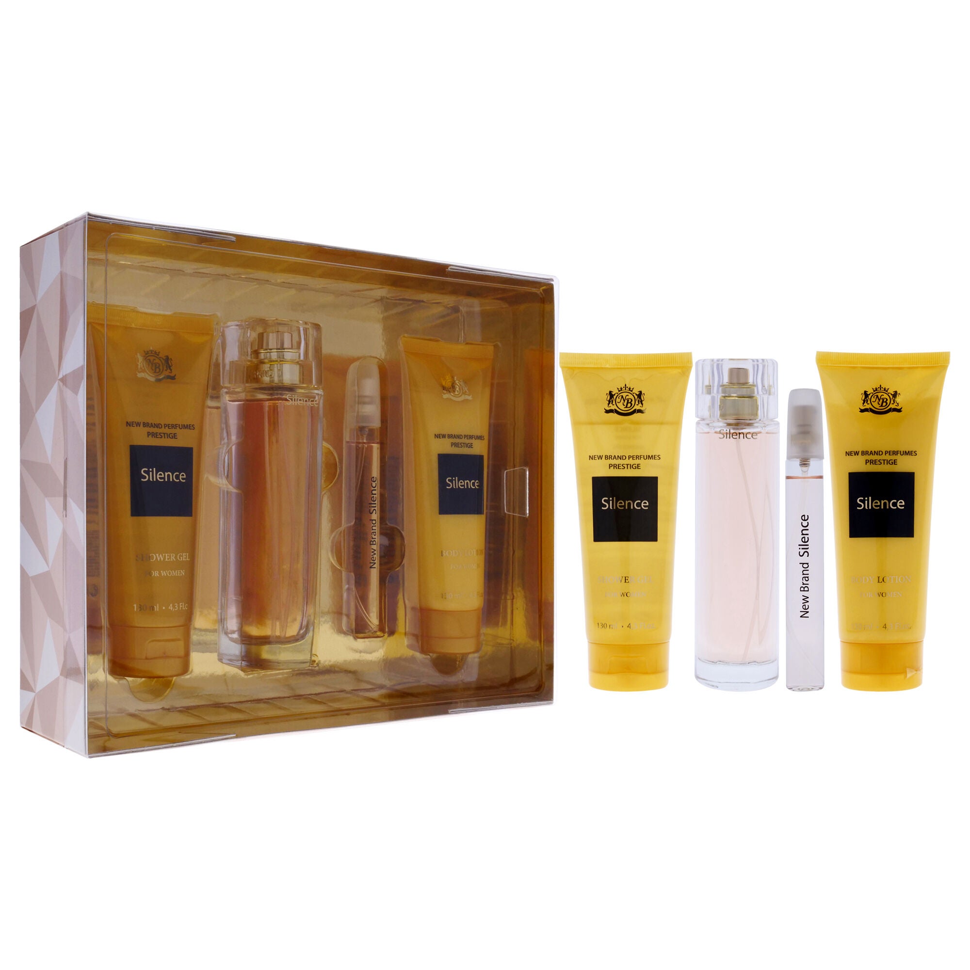 Prestige Silence by New Brand for Women - 4 Pc Gift Set 3.3oz EDP Spray, 0.5oz EDP Spray, 4.3oz Shower Gel, 4.3oz Body Lotion, See Description, alternate image number 2