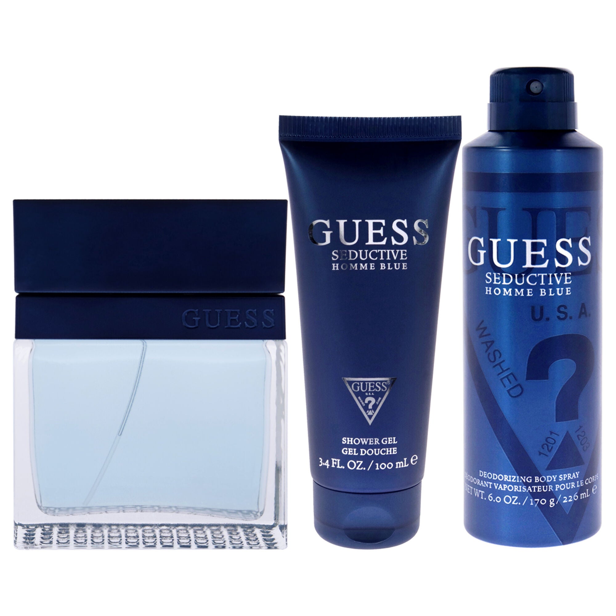 Seductive Homme Blue by Guess for Men - 4 Pc Gift Set 3.4oz EDT Spray, 6oz Deodorant Body Spray, 3.4oz Shower Gel, Pouch, See Description, alternate image number 4