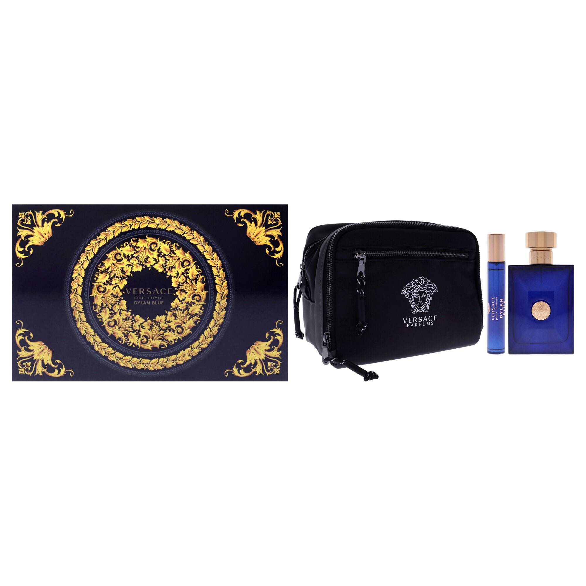 Dylan Blue by Versace for Men - 3 Pc Gift Set 3.4oz EDT Spray, 10ml EDT Spray, Blue Pouch, See Description, hi-res image number 0