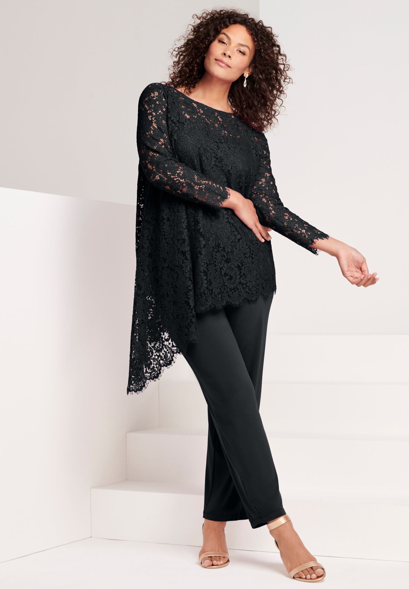 Plus-Size Asymmetrical Lace Pant Set –Long Sleeve Lace Scalloped Tunic ...