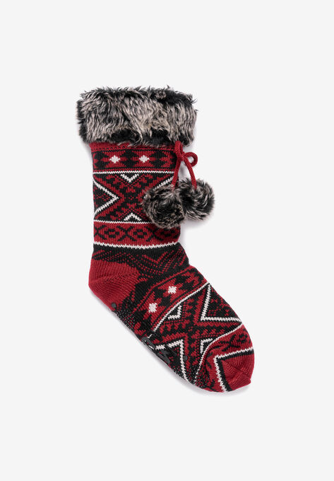 Fur Cuffed Cabin Socks, CANDY APPLE, hi-res image number null