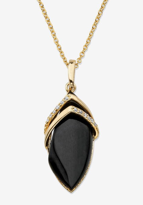 Yellow Gold-Plated Marquise Shaped Onyx And Cubic Zirconia Pendant Jewelry, ONYX, hi-res image number null