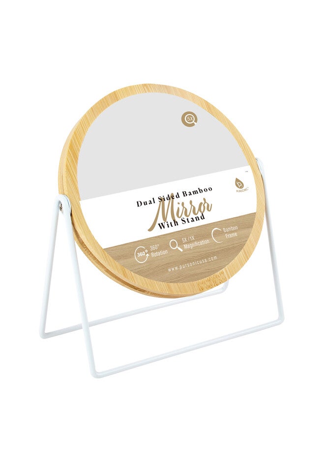 Dual Sided Mirror With Bamboo Frame • 360° Rotation • 5X/ 1X Magnification, , on-hover image number 1