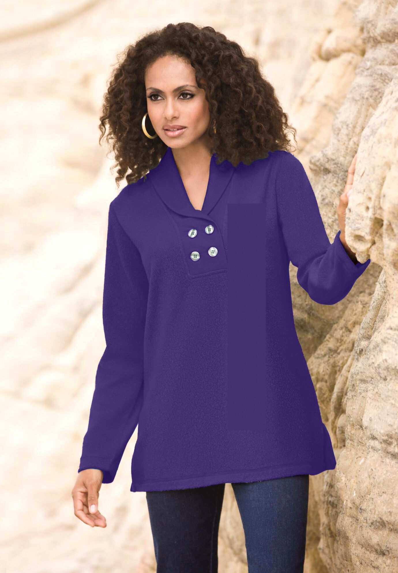 Double Button Sherpa Fleece Tunic, MIDNIGHT VIOLET, hi-res image number 0