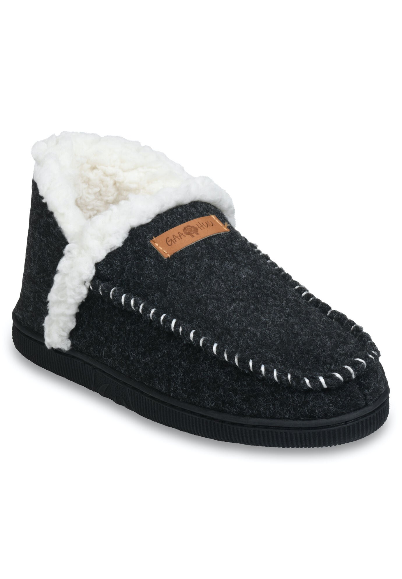 Faux Wool Ankle Slipper Boot Slippers, BLACK, hi-res image number 0