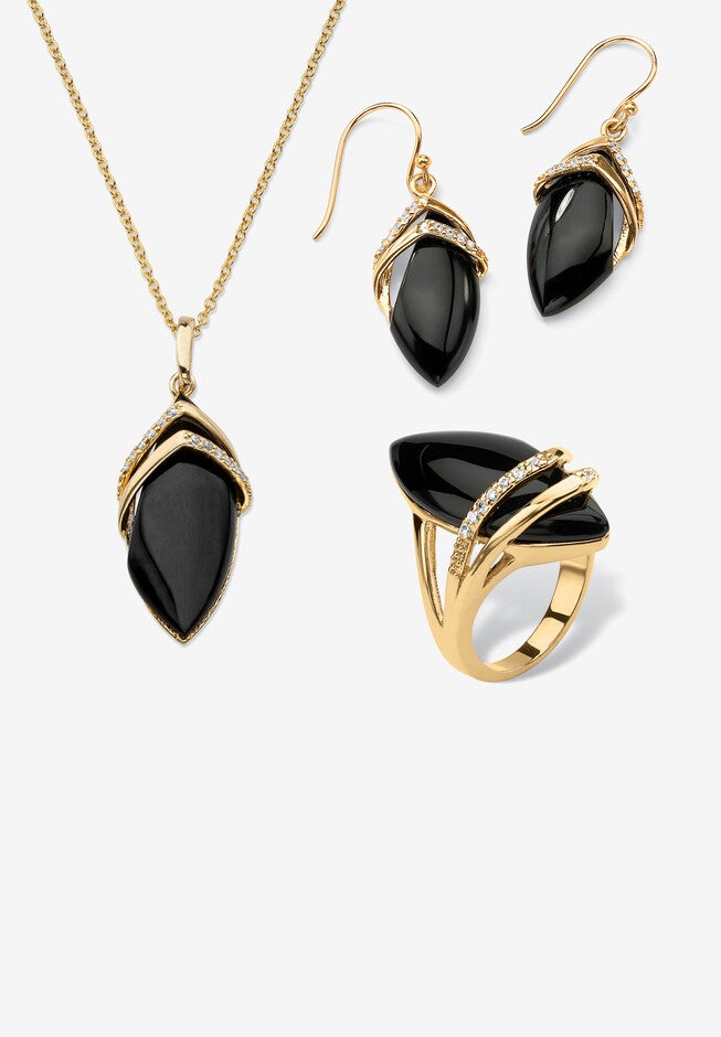 Yellow Gold-Plated Marquise Shaped Onyx And Round Ring Cubic Zirconia (1/2 Cttw) Jewelry, ONYX, hi-res image number 0