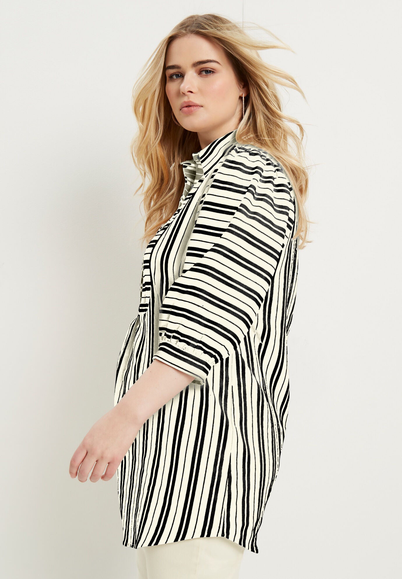 Half Button-Down Lino Soleil Tunic, IVORY VERTICAL STRIPE, hi-res image number 0
