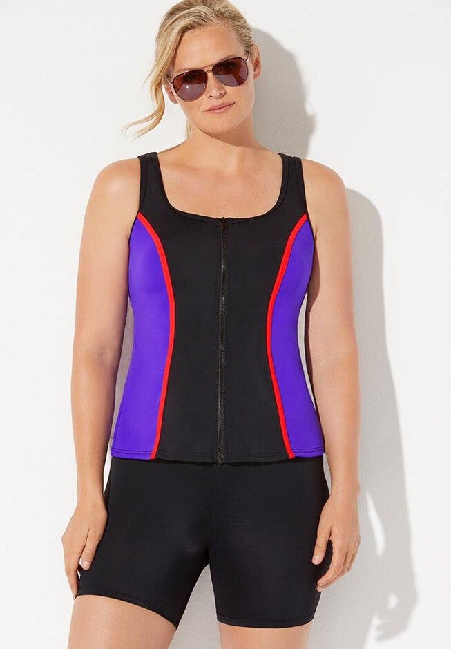 Chlorine Resistant Colorblock Zip Front Tankini Set with Bike Short, , hi-res image number 0
