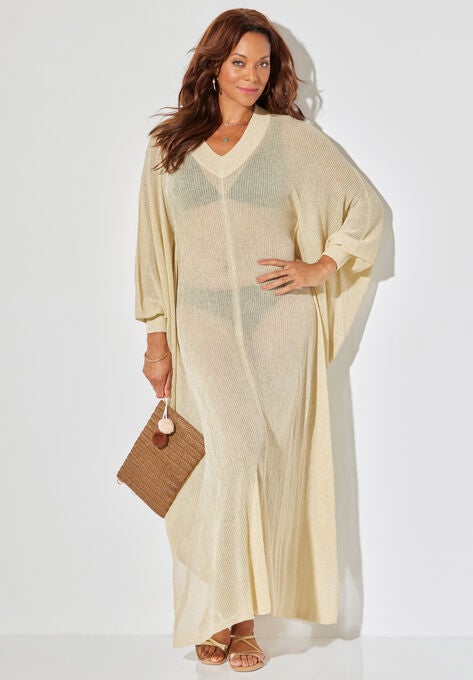 Long V-Neck Shimmer Caftan Tunic Cover Up, , alternate image number null