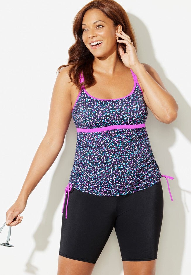 Longer Length Chlorine Resistant Adjustable Tankini Set with Long Bike Short, , hi-res image number null