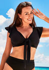 Tie Front Cup Sized Cap Sleeve Underwire Bikini Top, BLACK, hi-res image number null