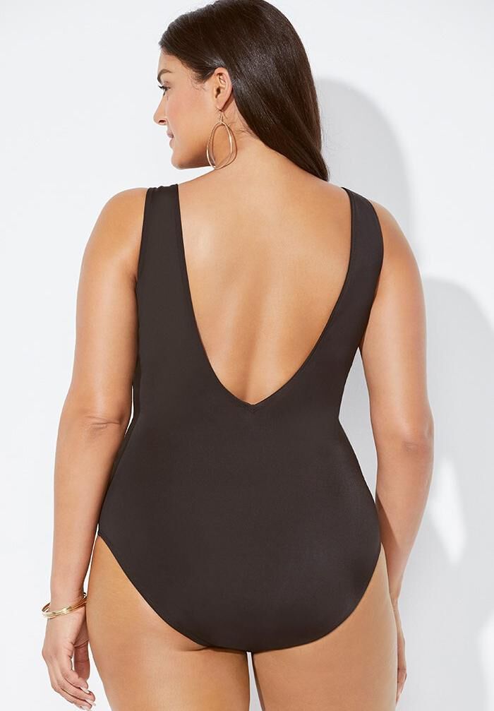 Surplice One Piece Swimsuit, BLACK WHITE STRIPE, on-hover image number 1