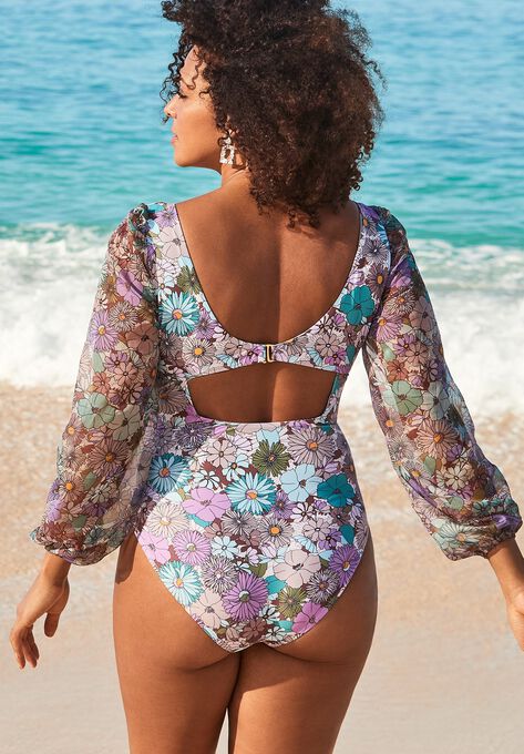 Cup Sized Chiffon Sleeve One Piece Swimsuit, , on-hover image number null
